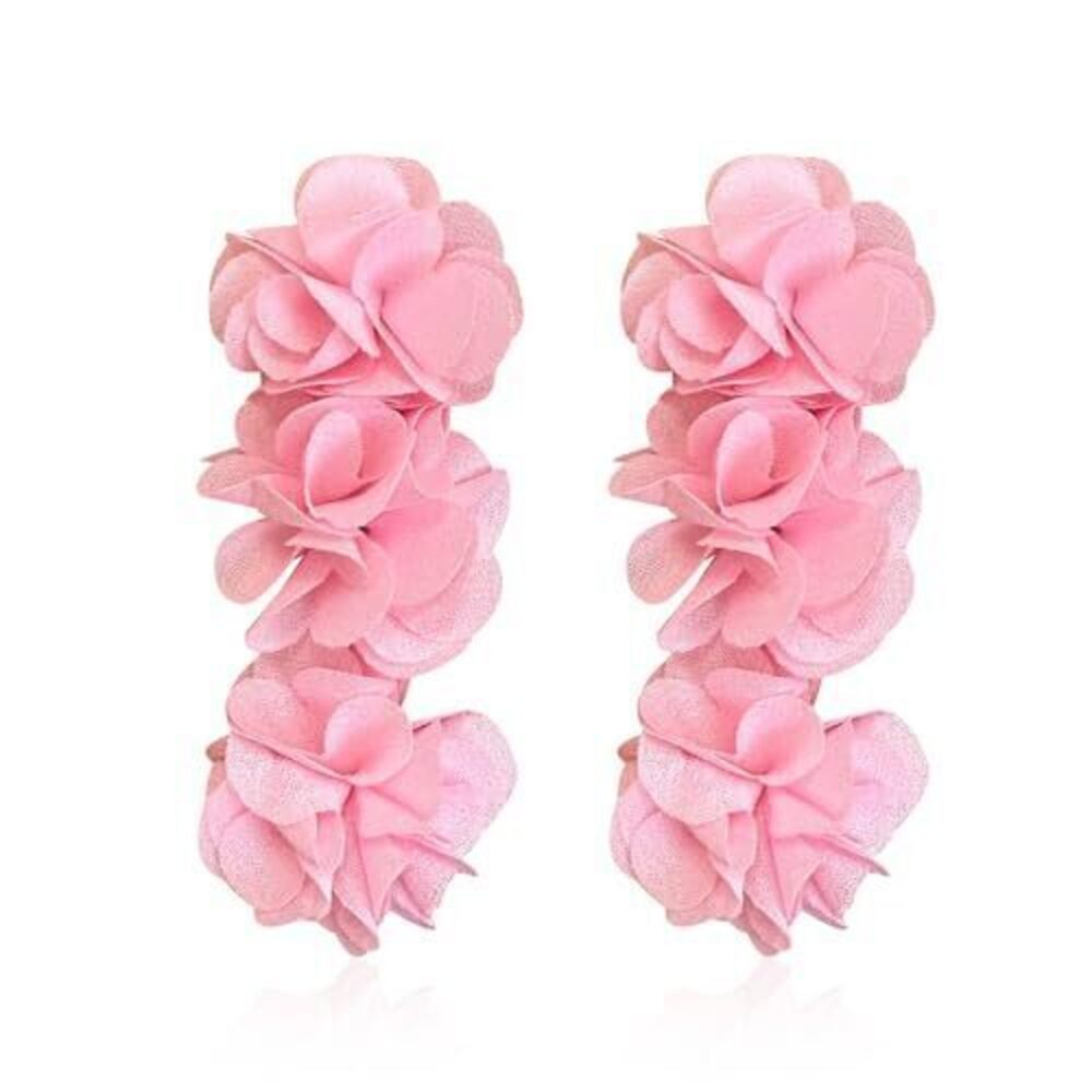 4667 Elegant Long Fabric 3-Layer Flower Tassel Earrings Bohemian Handmade